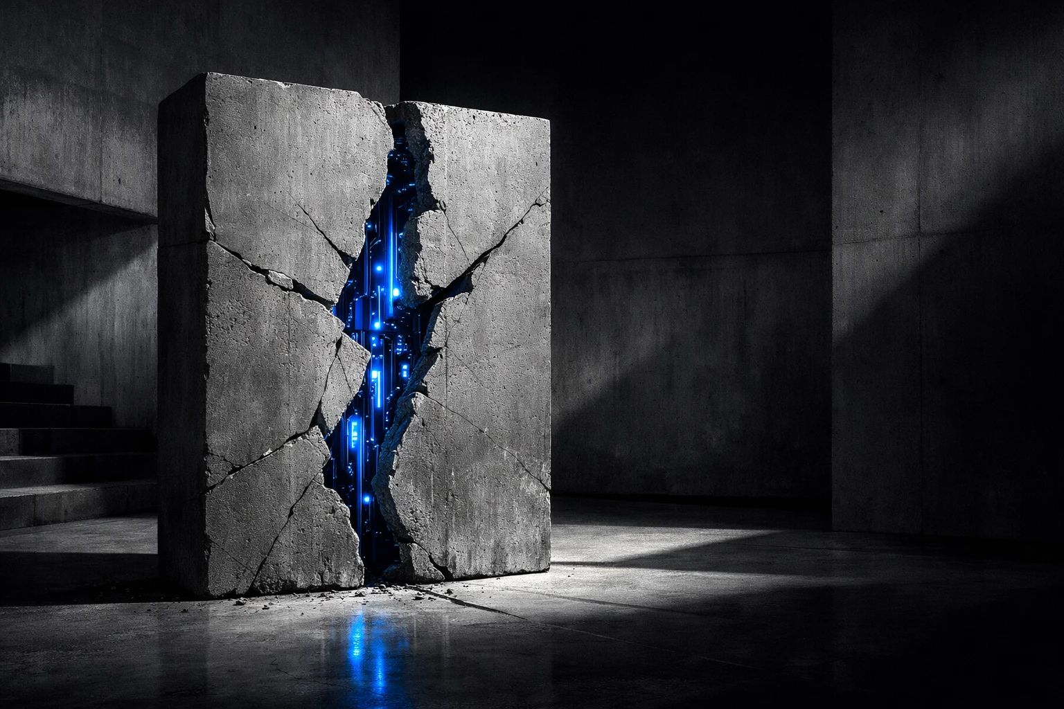 A cracked concrete contract slab revealing a working system inside